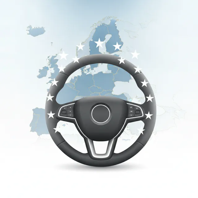Volant de voiture et carte de permis de conduire stylisée avec des étoiles européennes