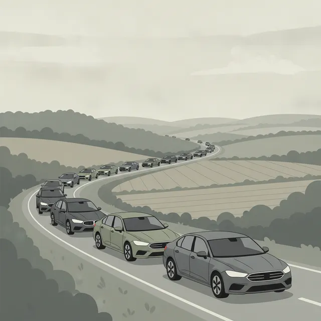 File de voitures neuves sur une route de campagne française