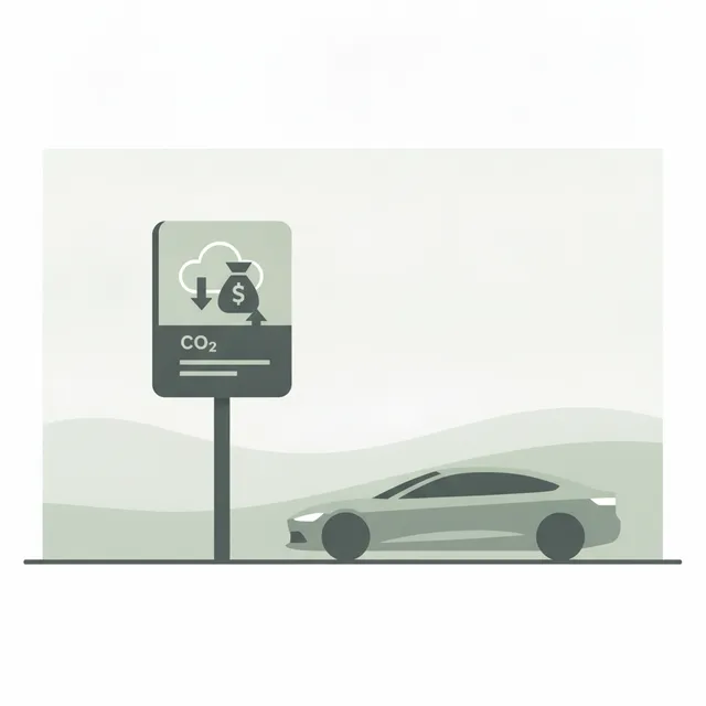Illustration éditoriale : une voiture neuve devant un panneau évoquant le malus CO2