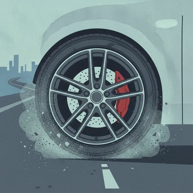 Roue de voiture avec disque de frein et pneu émettant des particules de poussière sur la route