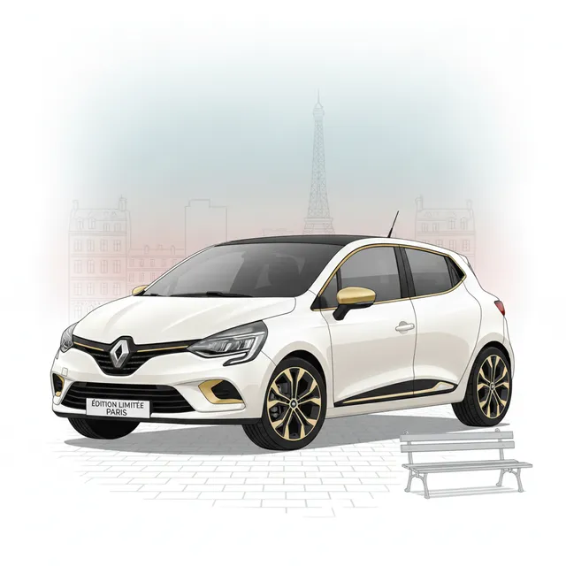 Illustration d'une Renault Clio en edition limitee avec logo Renault, ambiance parisienne