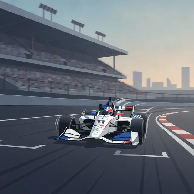 Illustration d'une monoplace IndyCar sur circuit ovale aux couleurs bleu blanc rouge