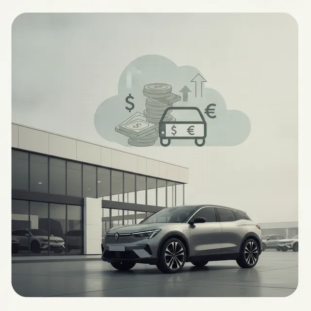 Voiture neuve devant une concession avec des symboles de taxe à l'immatriculation