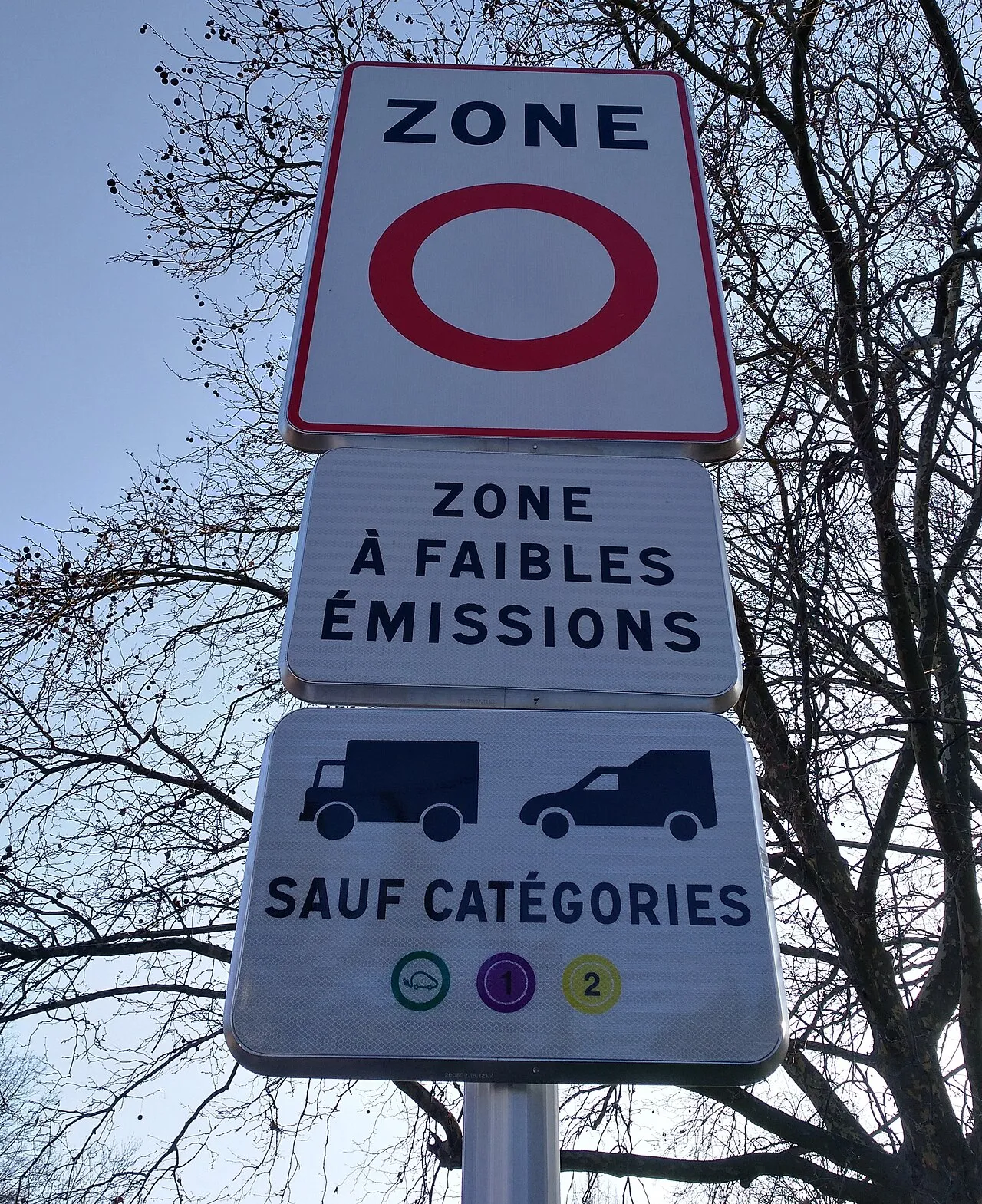 Panneau d'entrée d'une zone à faibles émissions à Lyon avec les vignettes Crit'Air autorisées