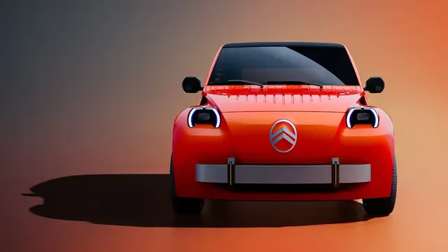 Concept Citroën 2CV électrique vu de face, carrosserie orange et logo Citroën