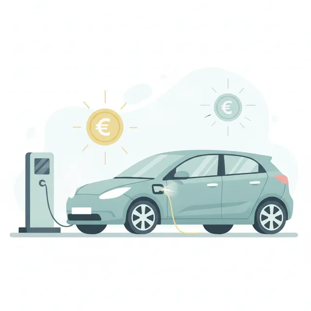 Voiture électrique branchée à une borne de recharge avec des symboles euro, illustrant le nouveau bonus à l'occasion