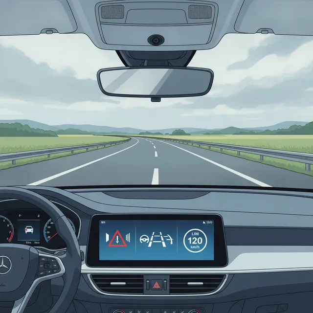 Illustration d'un tableau de bord de voiture moderne avec pictogrammes d'aides à la conduite