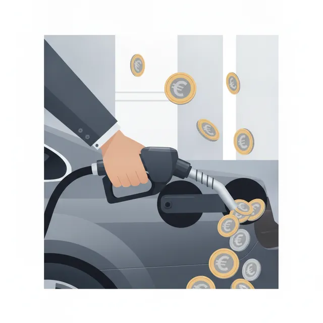 Illustration : une main remplit le réservoir d'une voiture avec un pistolet de pompe, des pièces d'euro autour