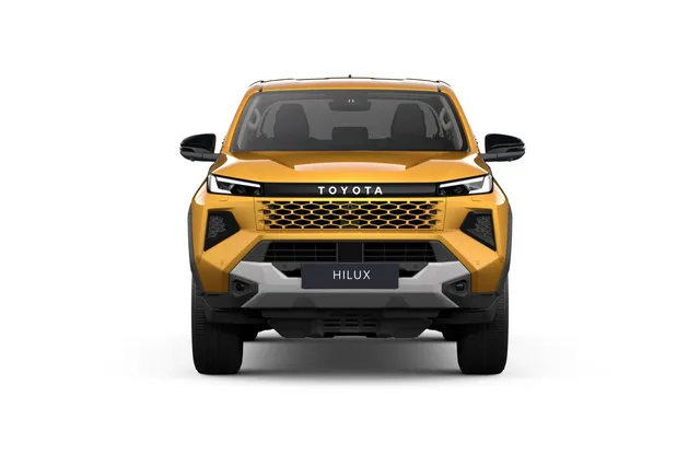 Toyota Hilux 2026 hybride 48V diesel vue de face, finition jaune