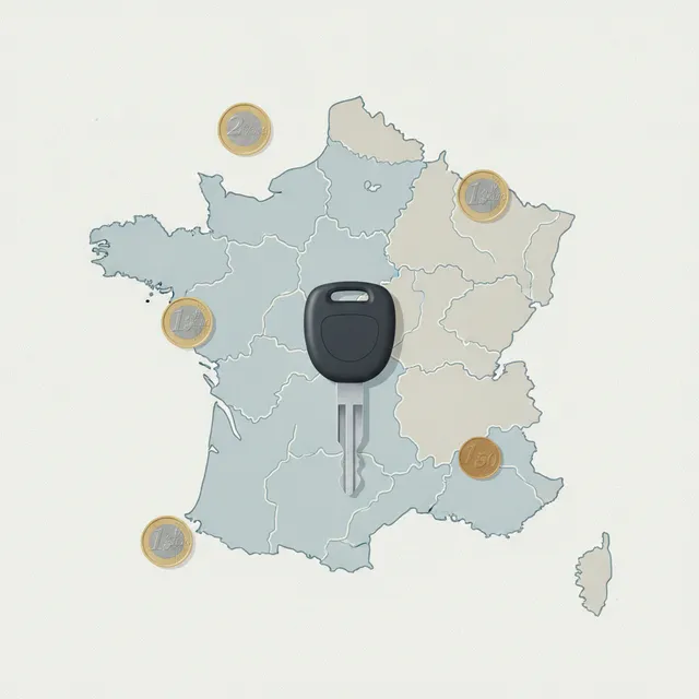 Clé de voiture posée sur une carte des régions de France entourée de pièces d'euros, illustrant le coût de la carte grise