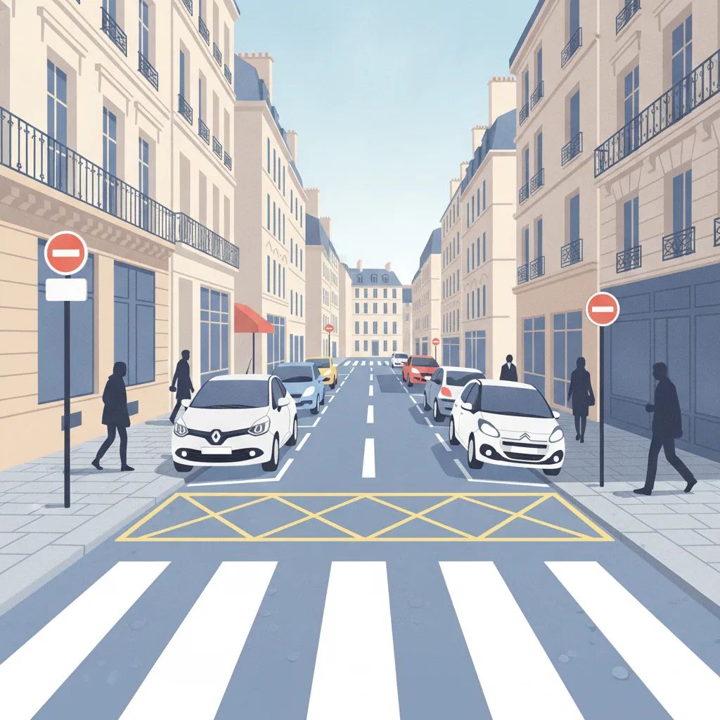 Rue parisienne avec un passage piéton et la zone de 5 mètres laissée libre de stationnement